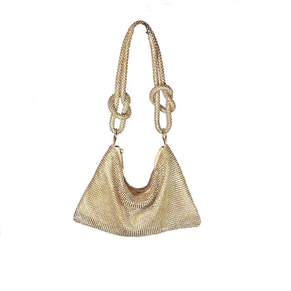 In Stock Aluminum Sheet Inlaid Full Diamond Trendy Sparkling Knot Rhinestone Handmade Underarm Banquet Evening Bag