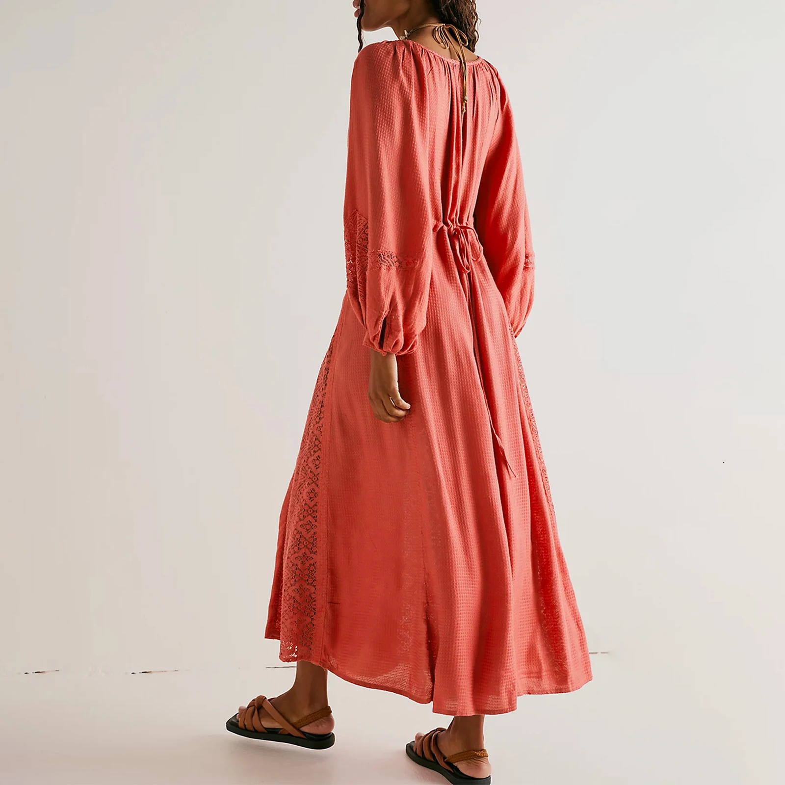 Imcute Womens V Neck Lace Patchwork Boho Cutout Loose Swing Long Sleeve Tie Waist Cocktail Wedding Party Maxi Spring Fall Dress 260118