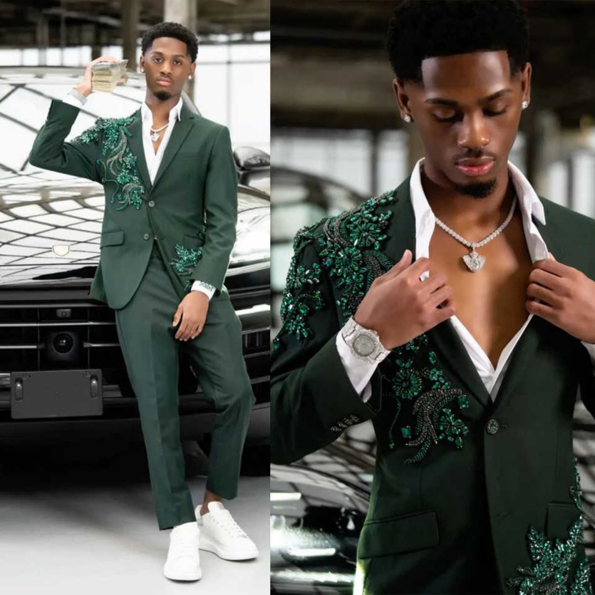 Glitter Men Suits 2 Pieces Slim Fit Jacket Pant Applique Beaded Diamond Tuxedo Wedding Party Costume Homme Customized