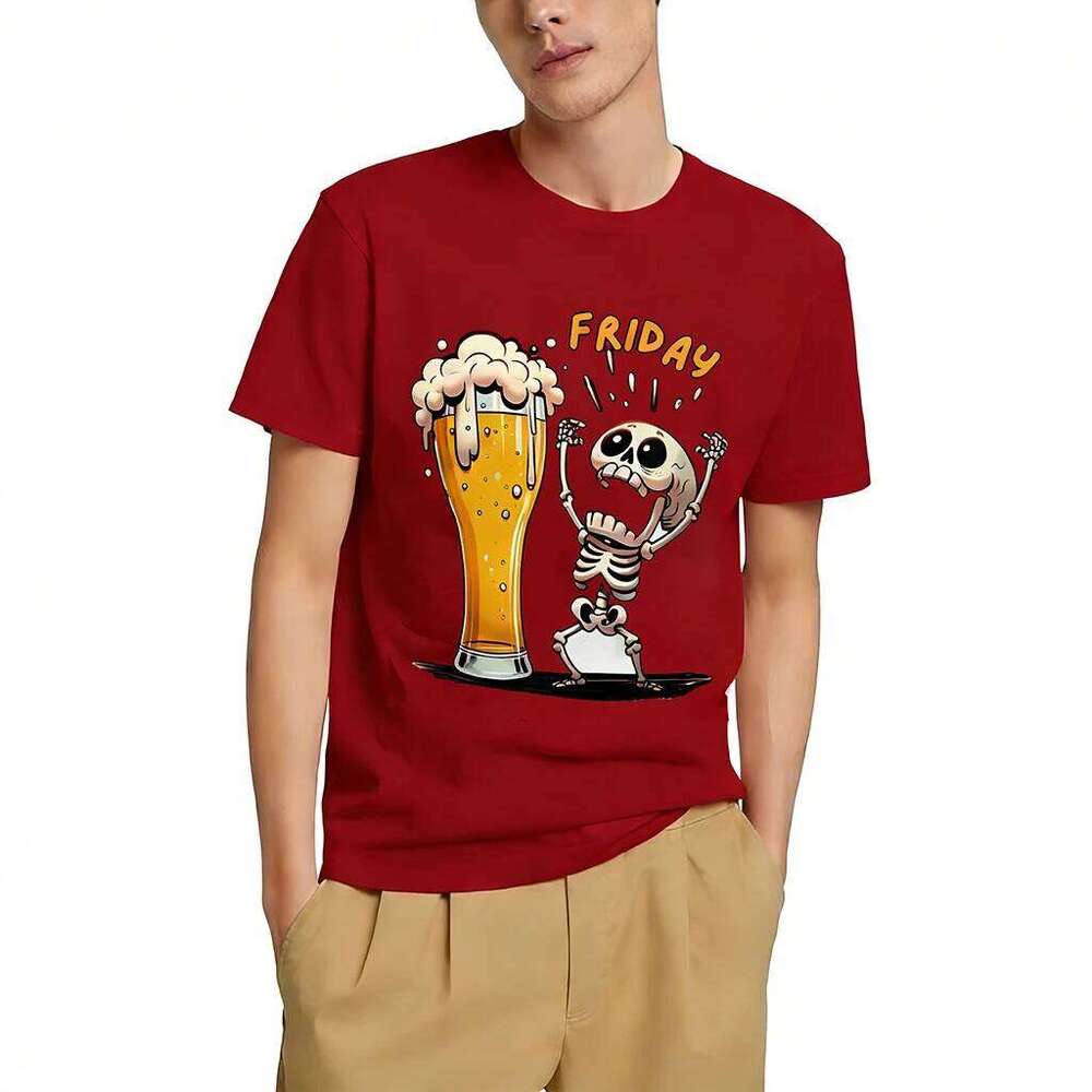 Funny Beer Skull Graphic T-Shirt Summer Casual Everyday Breathable Short Sleeve Tops Basic Simple Versatile Men's Crew Neck Tees X260209