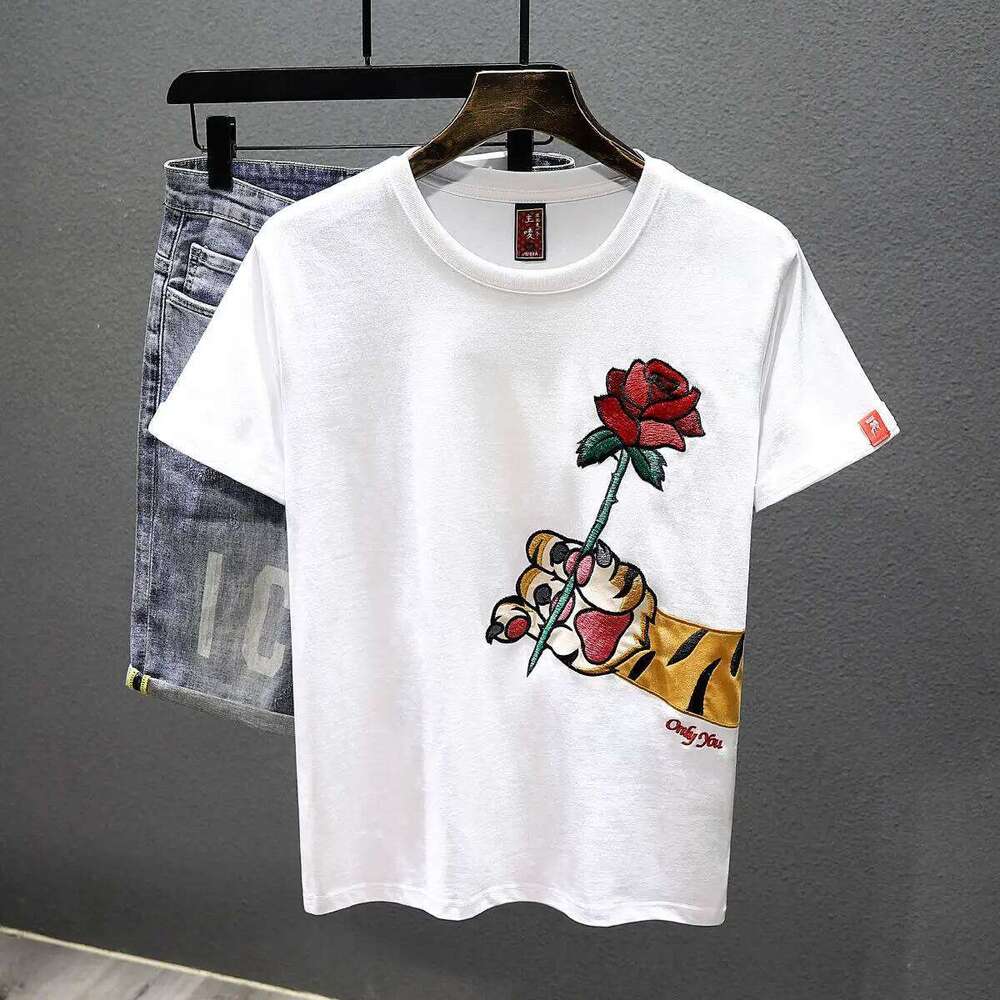 Rose Embroidered Short-sleeved T-shirt Men's 2025 New Summer Casual Loose Round Neck Half-sleeved Top X260209