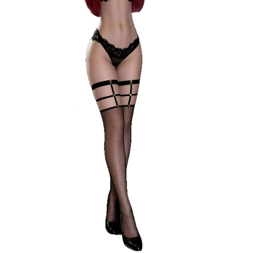 Sexy Studded Over-the-Knee Fishnet Stockings Women Black Mesh Tights with Adjustable Garter Straps & Gold Rivet Details, Perfect for Nightclub & Role 