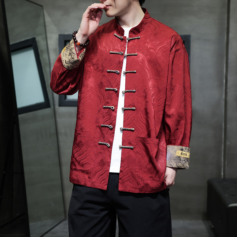 2026 New Chinese Style Men's Shirt Sea and Cliff Pattern High Quality Jacquard Button Stand Collar Tang Suit Coat Free Shipping Size M-5XL