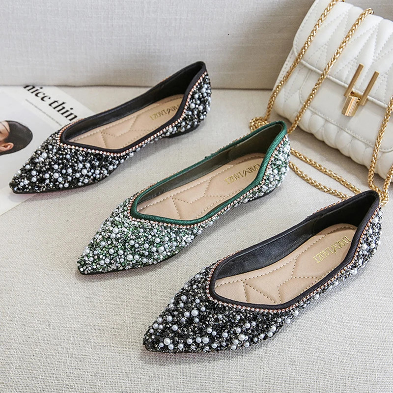 Green Sequin Beading Shoes Woman 2025 Spring Flats OL Ladies Office Work Ballets Pointed Toe Crystal Loafers Female Ballerines 260124
