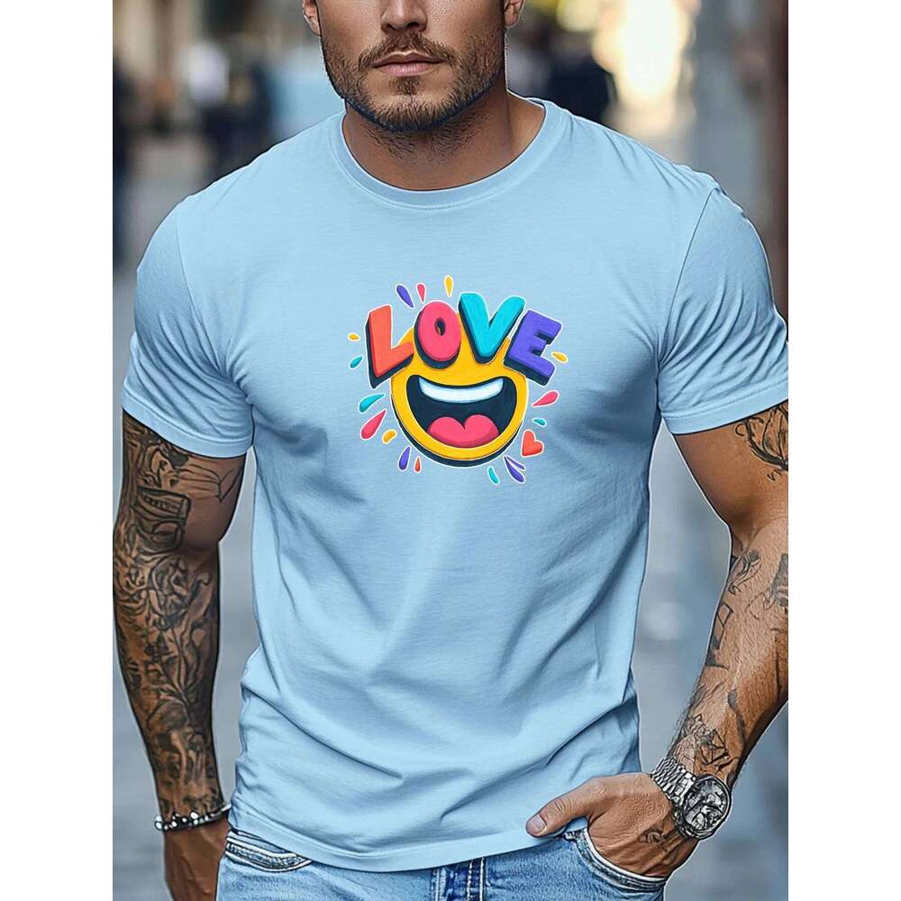 Men's Summer T-Shirt Love Colorful Print Short Sleeve Round Neck Breathable Oversized Sweet Daily Wear X260209