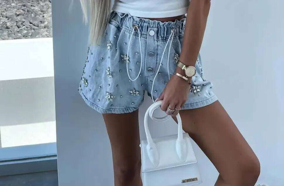 CPSYMYM Women's Summer Rhinestone Heart Pattern Drawstring Casual Pocket Design Daily Denim Shorts Streetw H260209