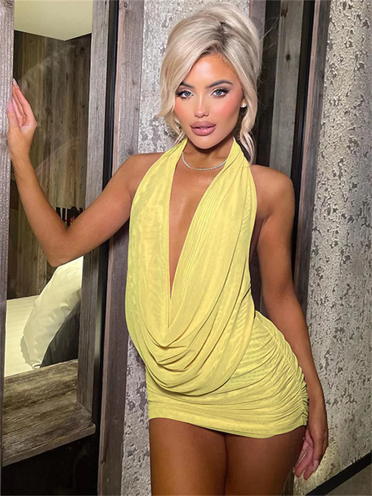 kliou Mesh Swinging Pleated Women 2 Piece Set Summer Solid Simple Halter Backless Chic TopsShirring Mini Skirts Coordinate Suit 260208