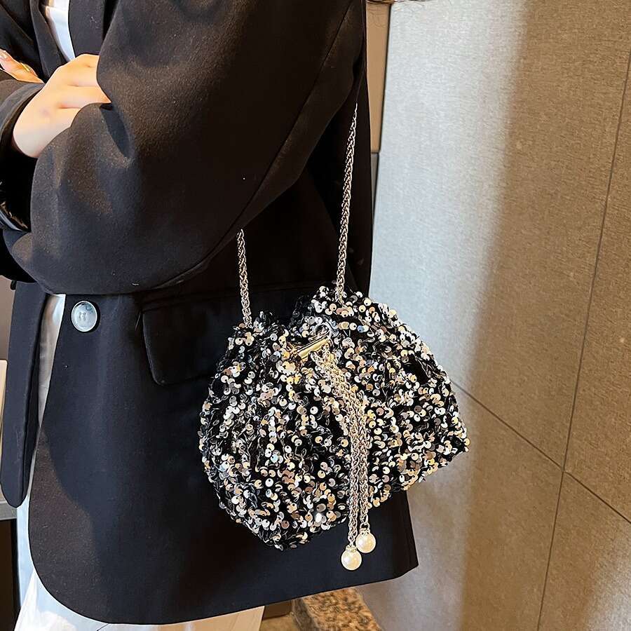 Fashion Personality Sequin for Women 2026 New Korean Style Bucket Trendy Shoulder Crossbody Evening Bag