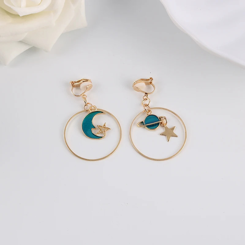 Korea Style Asymmetrical Fresh Enamel Blue Star Moon Planet Circle Clip on Earrings Non Pierced For Girl Women Party Gift 260120