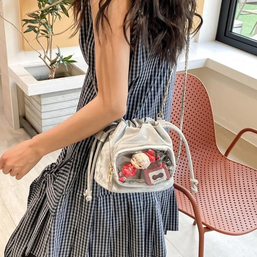 Cute Handbag Transparent Pocket Itabag Shoulder Bag Purse Drawstring Bucket Solid Color Korean Style Crossbody Student 260208