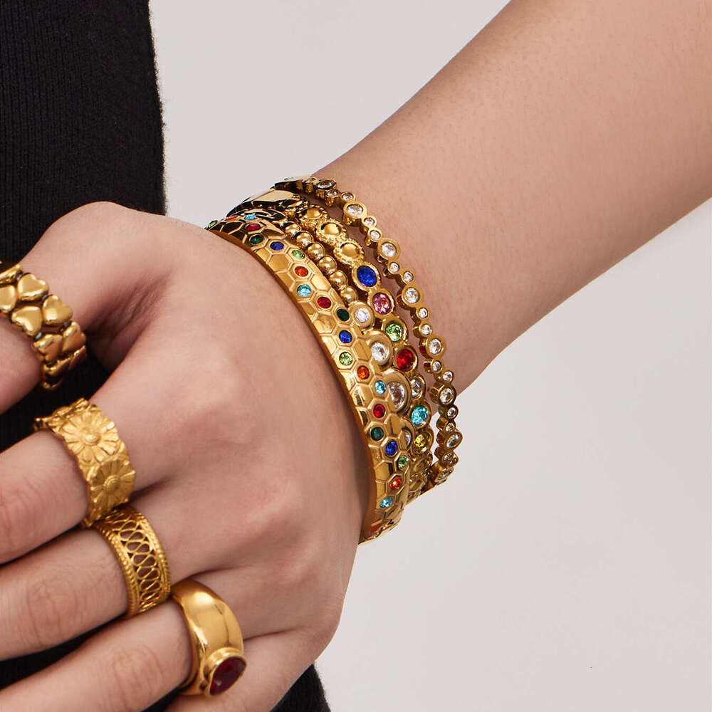 Colorful Zircon Honeycomb Clasp Bracelet Stainless Steel Gold Light Luxury Exquisite Elegant Fashion Niche Design Women's Jewelry