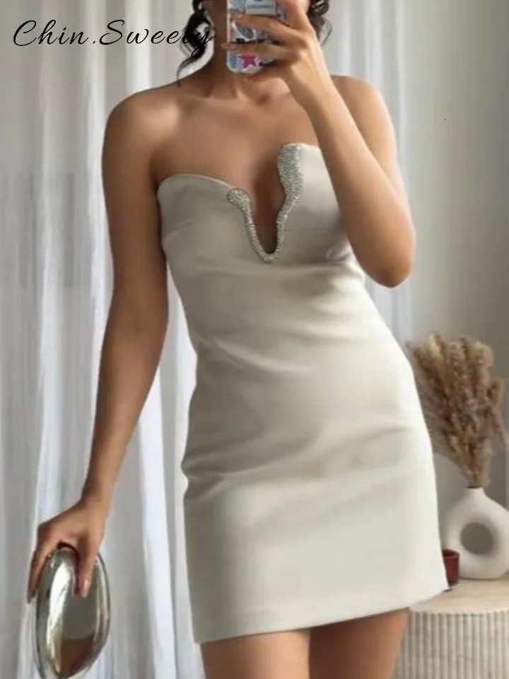 Sexy Asymmetric Rhinestone Short Skirt Set Women Solid Strapless Sleeveless Crop Tops Mini Skirts 2026 Spring Lady Elegant Gown 260208