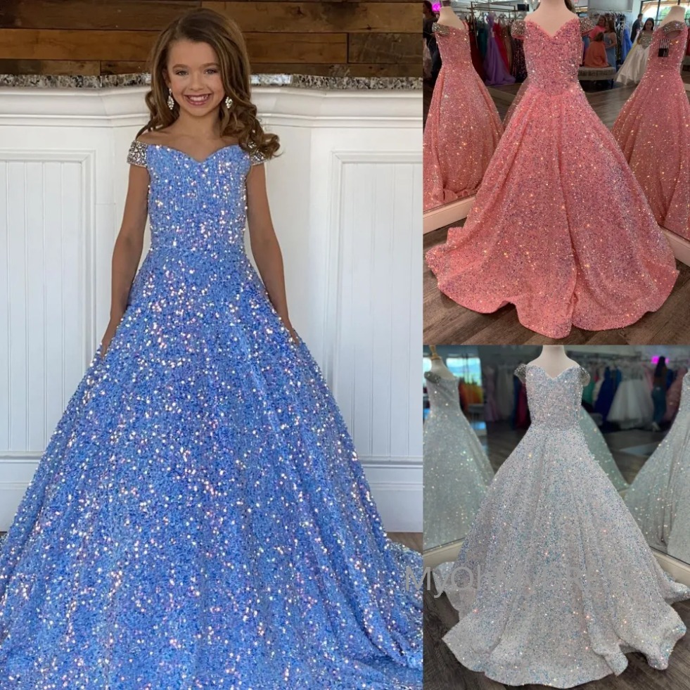 Iridescent Girl Pageant Dress Velvet Sequin Beading Off-Shoulder little Kid Birthday Formal Party Gown A-Line Toddler Teens Preteen Floor-Length Pink 