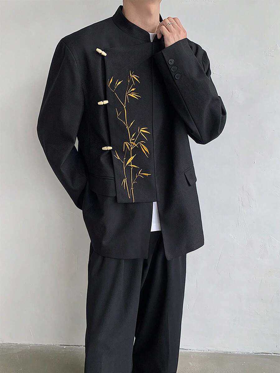 New Chinese Style Mens Black Gold Bamboo Embroidered Suit Jacket With Spring And Autumn High-End Fl Zhongshan Suit Jacket C260209