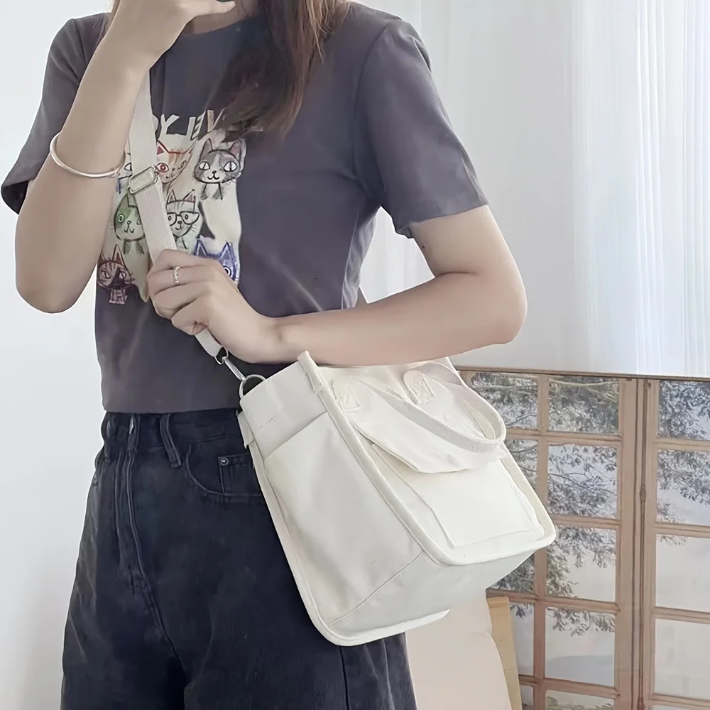 Small Canvas Tote Bag with Pockets Crossbody Bags for Women Cute Shoulder Purse Handbags Lunch Office Work 260208