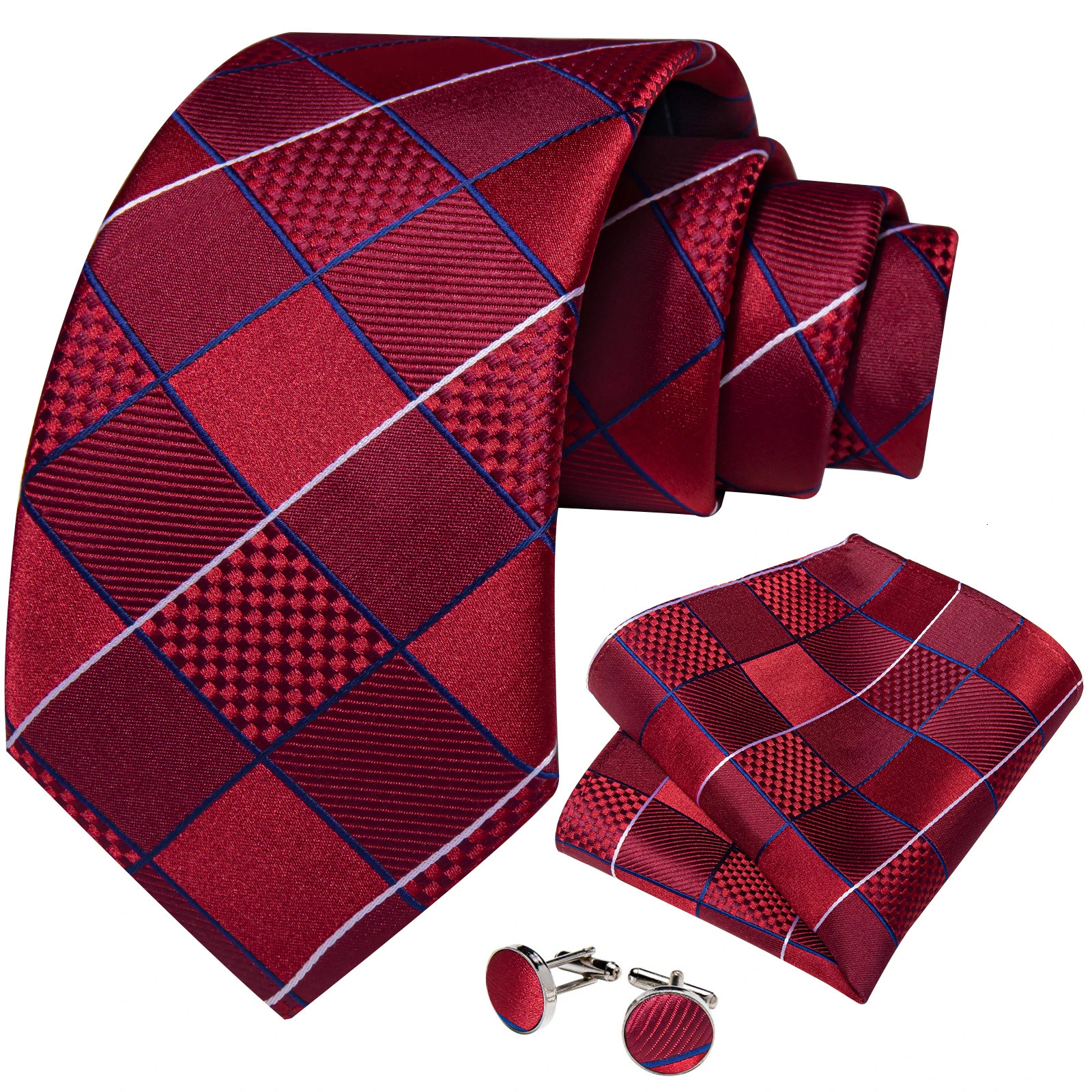 Classical Red Plaid Mens Tie Set Paisley Floral Silk 8cm Necktie Handkerchief Cufflinks Business Wedding Suits Accessories Gift 260208