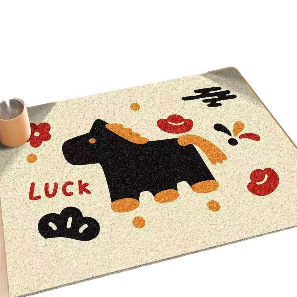 Entryway Mat Year of the Horse Red Festive Cartoon Style Silk Loop Mat Cuttable Dirt-Resistant Dust Removal Household Door Mat S260207