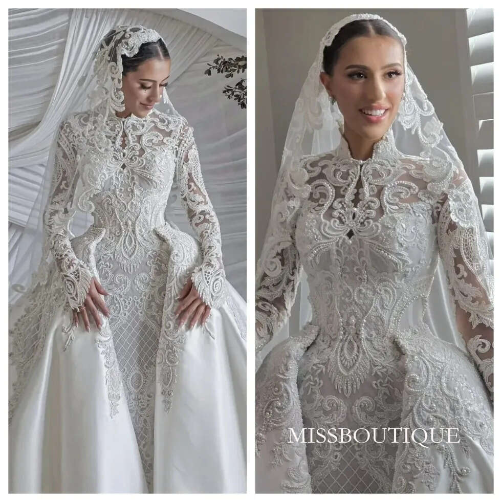 Muslim Bespoke Wedding Dresses High Collar Long Sleeves Appliques Lace Detachable Train Bridal Gowns Vestido De Noiva Customized Plus Size 0209