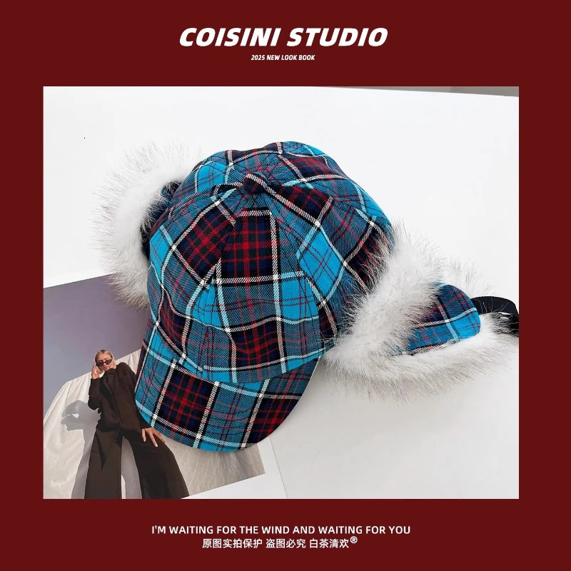 Fashion Contrasting Color Plaid Plush Bomber Hats Women Winter Outdoor Skiing Warm Versatile Personality Y2K Pilot Caps Men 260208