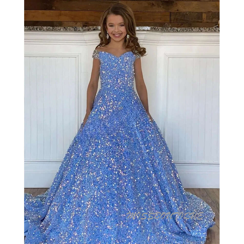 Iridescent Girl Pageant Dress Velvet Sequin Beading Off-Shoulder Little Kid Birthday Formal Party Gown A-Line Toddler Teens Preteen Pink Ivory 0209 Lu