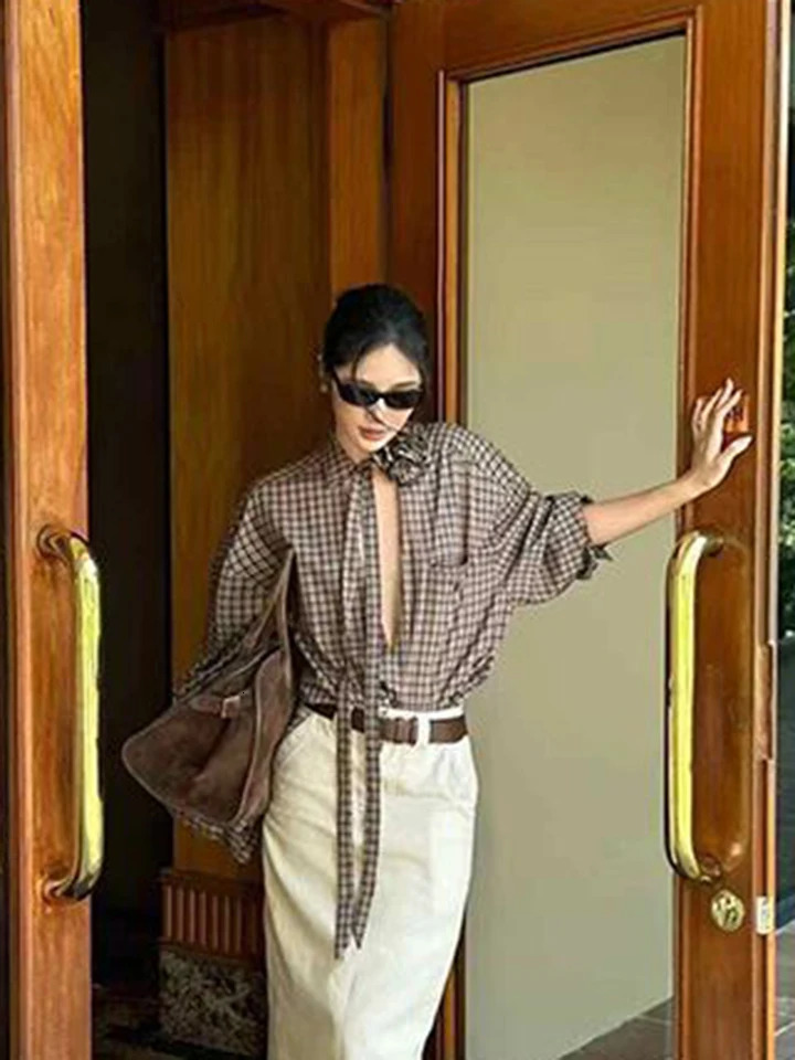 Jmprs Hollow Out Y2K Plaid Shirts Women Streetwear Vintage 3D Floral Lace Up Blouse Gothic Long Sleeve Loose American Casual Top 260207