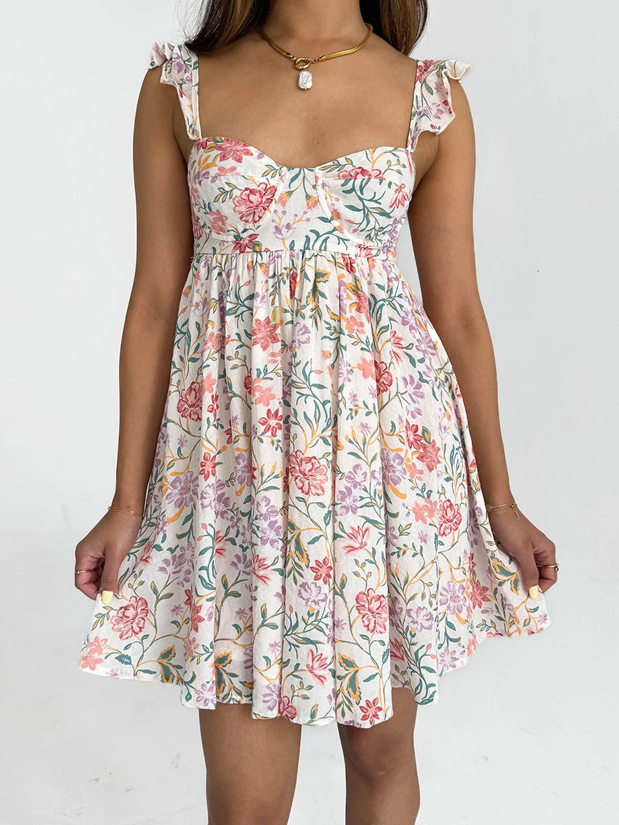 Women V-Neck Maxi Dress Sleeveless Ruffle Floral Print Boho Beach Dress Summer Casual Long Dress with Pockets 260118