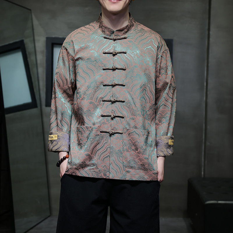 2026 New Chinese Style Men's Shirt Sea and Cliff Pattern High Quality Jacquard Button Stand Collar Tang Suit Coat Free Shipping Size M-5XL