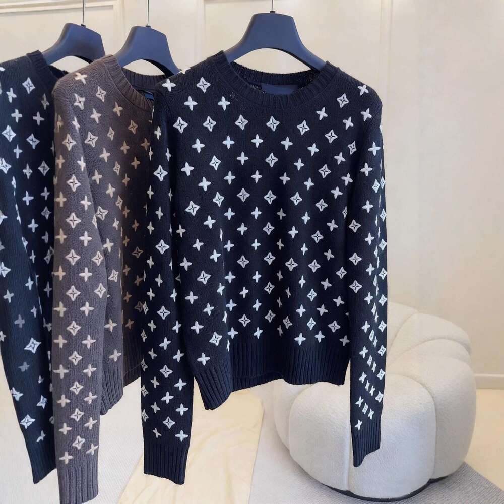 Women's Fashion White tops Jacquard Wool Sweater Letter combination pullover sweater, black knit sweater