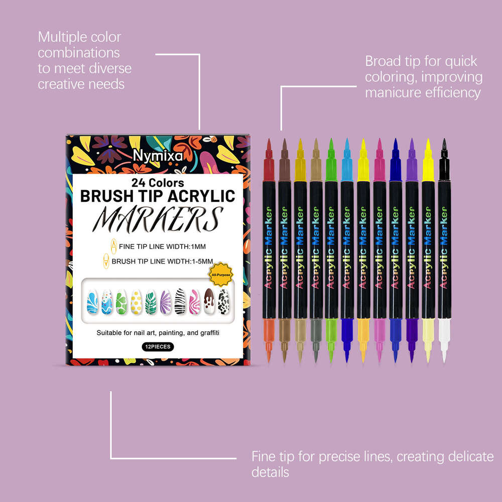 Nymixa Double-Headed Graffiti Pen Set Quick-Drying Colorful Easy-to-Use Nail Art Tool for Beginners