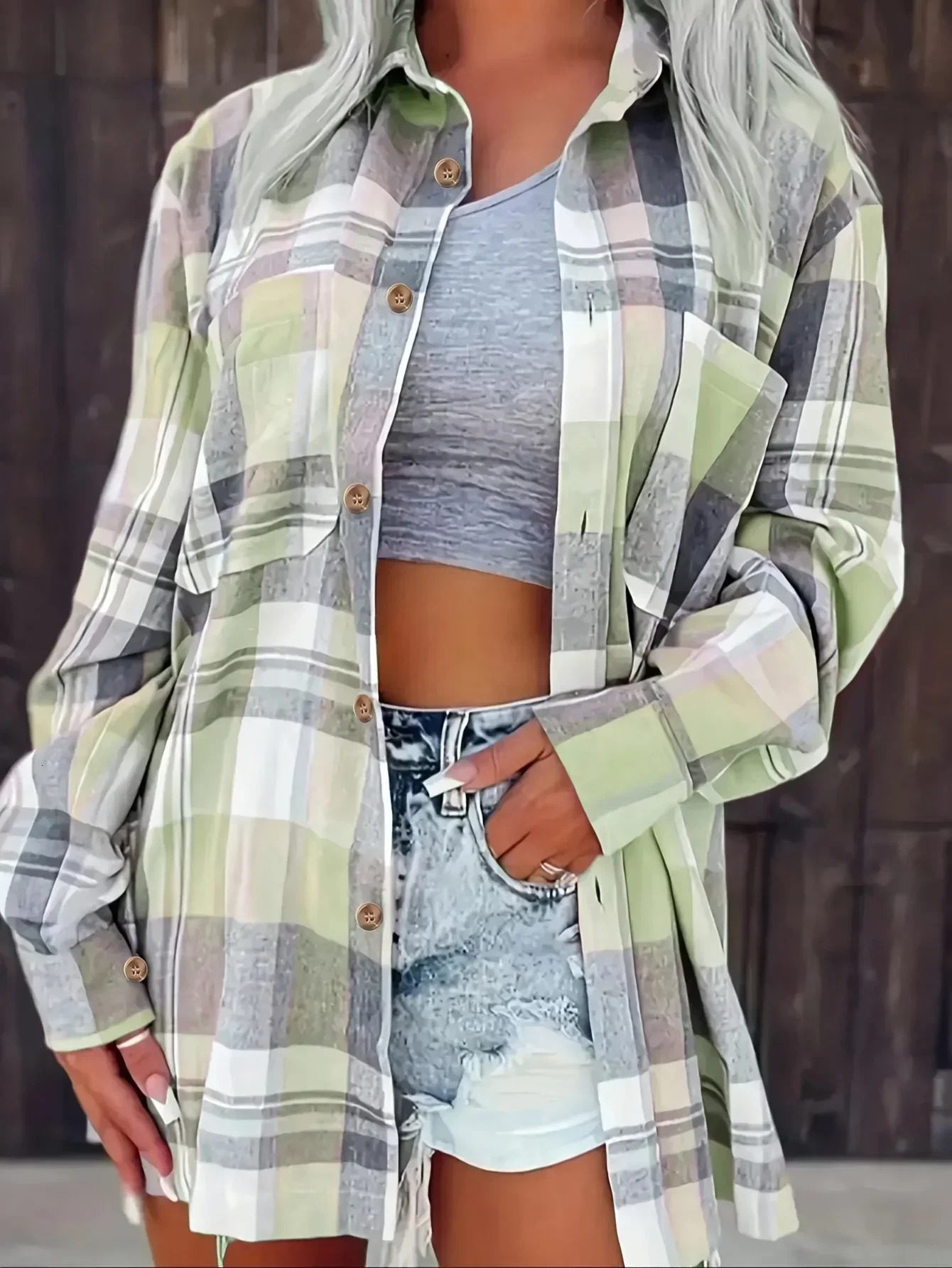 Women Plus Size Fashion Plaid Printed Shirt Casual Loose Long Sleeved Shirt Lapel Shirt Tops 260207