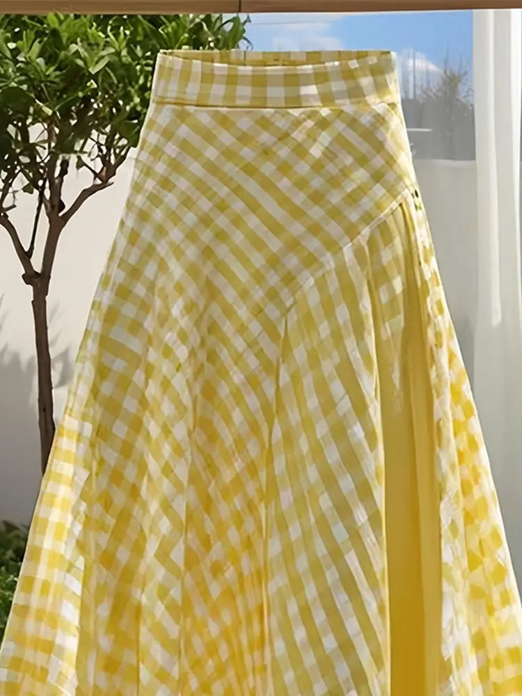 Dopamine Yellow Waist Plaid n Long Skirt for Women Fashionable Style 260126