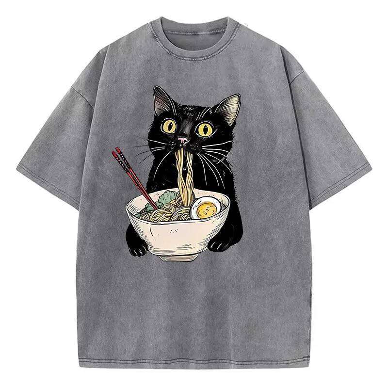 Unisex Hip Hop T Shirt Vintage Washed 100% Cotton T-Shirt Black Retro Cat Eating Ramen Graphic Tee Casual Streetwear X260209