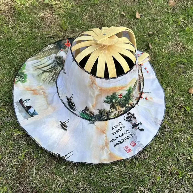 Bamboo fan hat folding portable versatile beach hat sun hat girls summer sun protection sun hat folding fan hat 260208