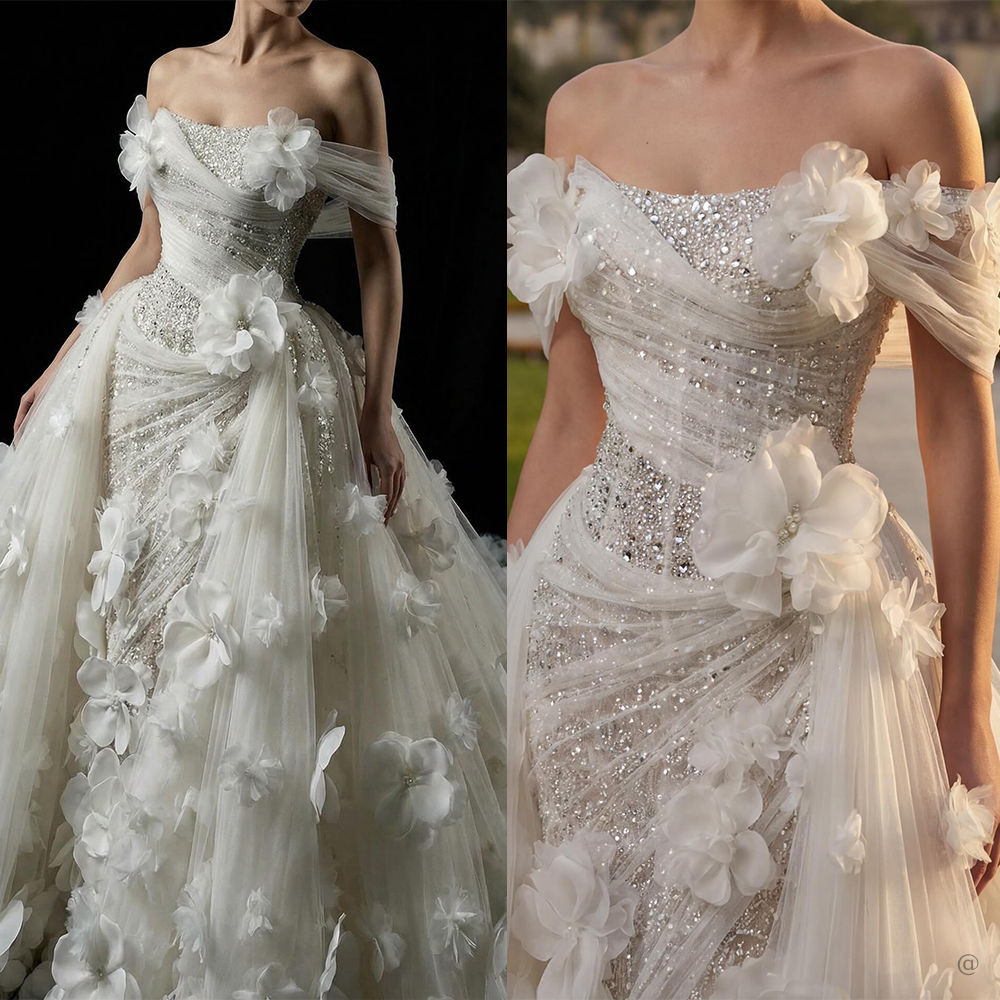 Romantic 3D Floral Flowers Wedding Dresses Crystal Mermaid Bridal Gowns with Overskirts Pearls Flowers Customized Vestidos De Novia Plus Size