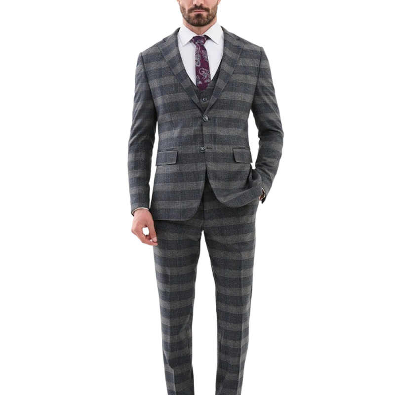 Classic Grid Men Suit 3 Pieces Jacket Pant Vest Peaked Lapel Single Breasted Casual Business Occasion Party Daily Wear Customized