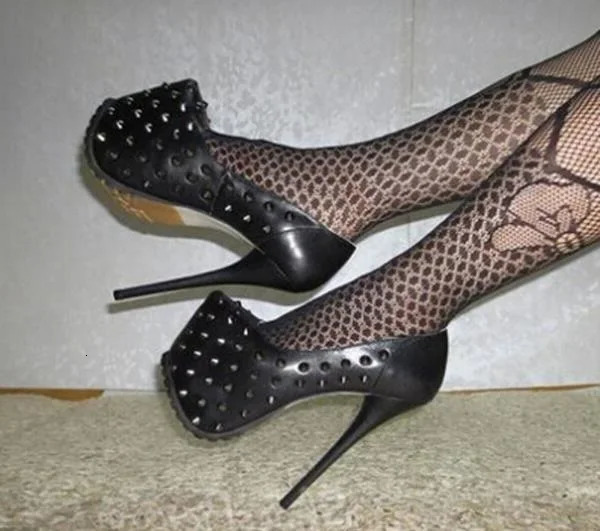 selling punk style solid black color round toe rivets studded high platform dress shoes spike heel woman pumps big size 43 260208