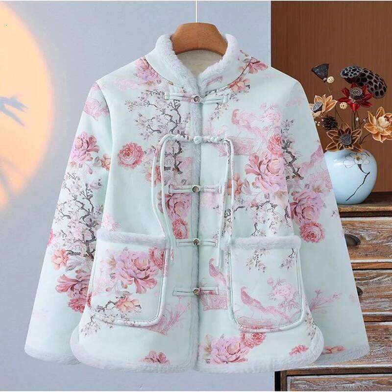 Mardi Hefxessdr New Chinese Style Cotton Coat Women Winter Floral Print Buckle Warm Fleece Lined Thick Tang Suit Jacket Vintage Qipao Outwear