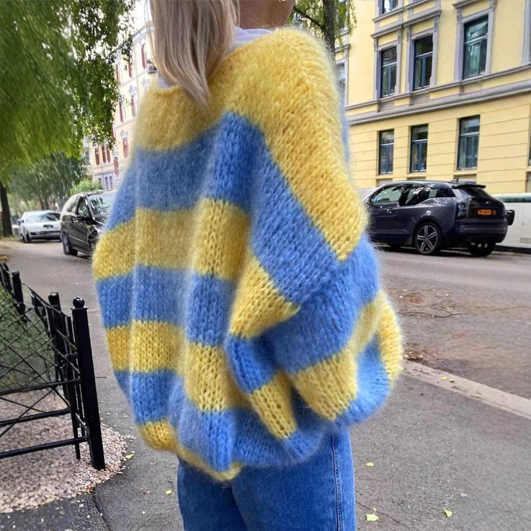 Fall/Winter New Arrival Crew Neck Pullover Sweater Loose-Fit Gradient Striped Contrast Color Top