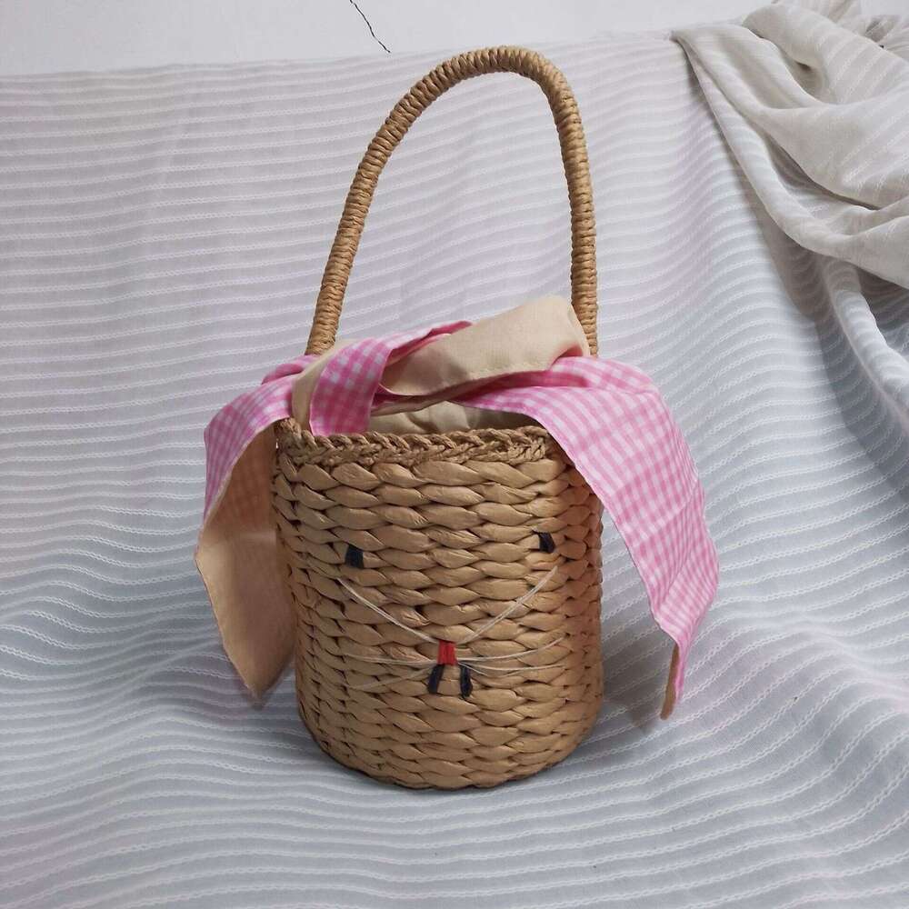 Big-Eared Rabbit Bucket-Shaped Handbag, Cute Cartoon Children's Bag For Girls, Animal-Shaped Straw Paper Woven Bag, New
