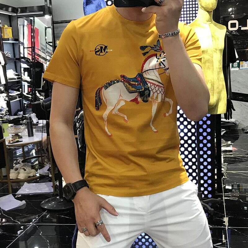 Men's Short-Sleeve T-Shirt 2022 Spring/Summer Trendy Brand New Style Mercerized Cotton Personalized Rhinestone Decoration High-End Half-Sleeve Te