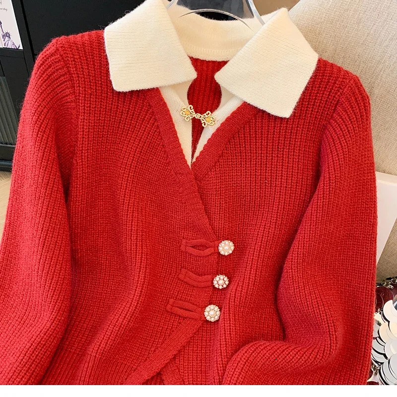 2025 Autumn Winter Splicing Slim Women Knitted Cardigan Sweater Jacket Fashion Two Items Loose Ladies Top 260122