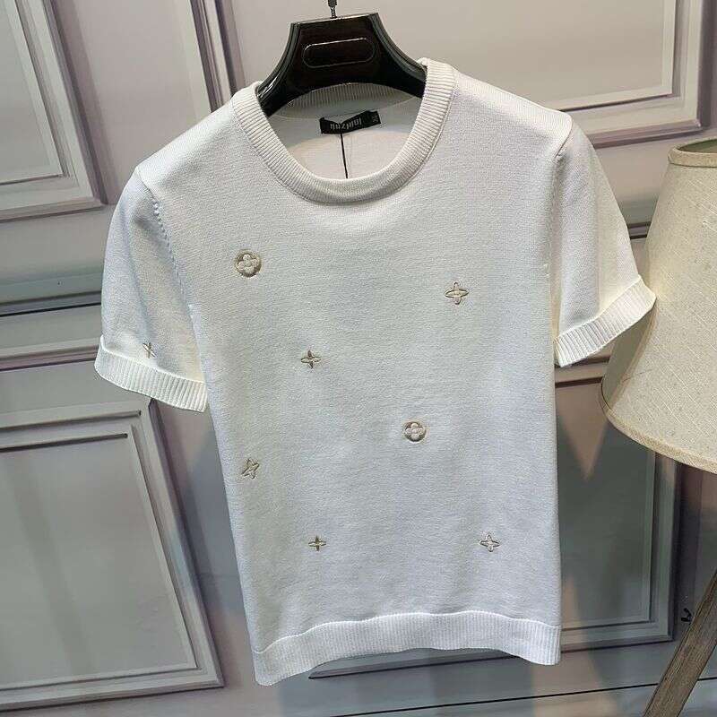 Autumn Winter New Short Round Neck Rhinestone Sweater Fashion Trend T-Shirt Slim Fit Knitted Men's Half Sleeve Base Shirt