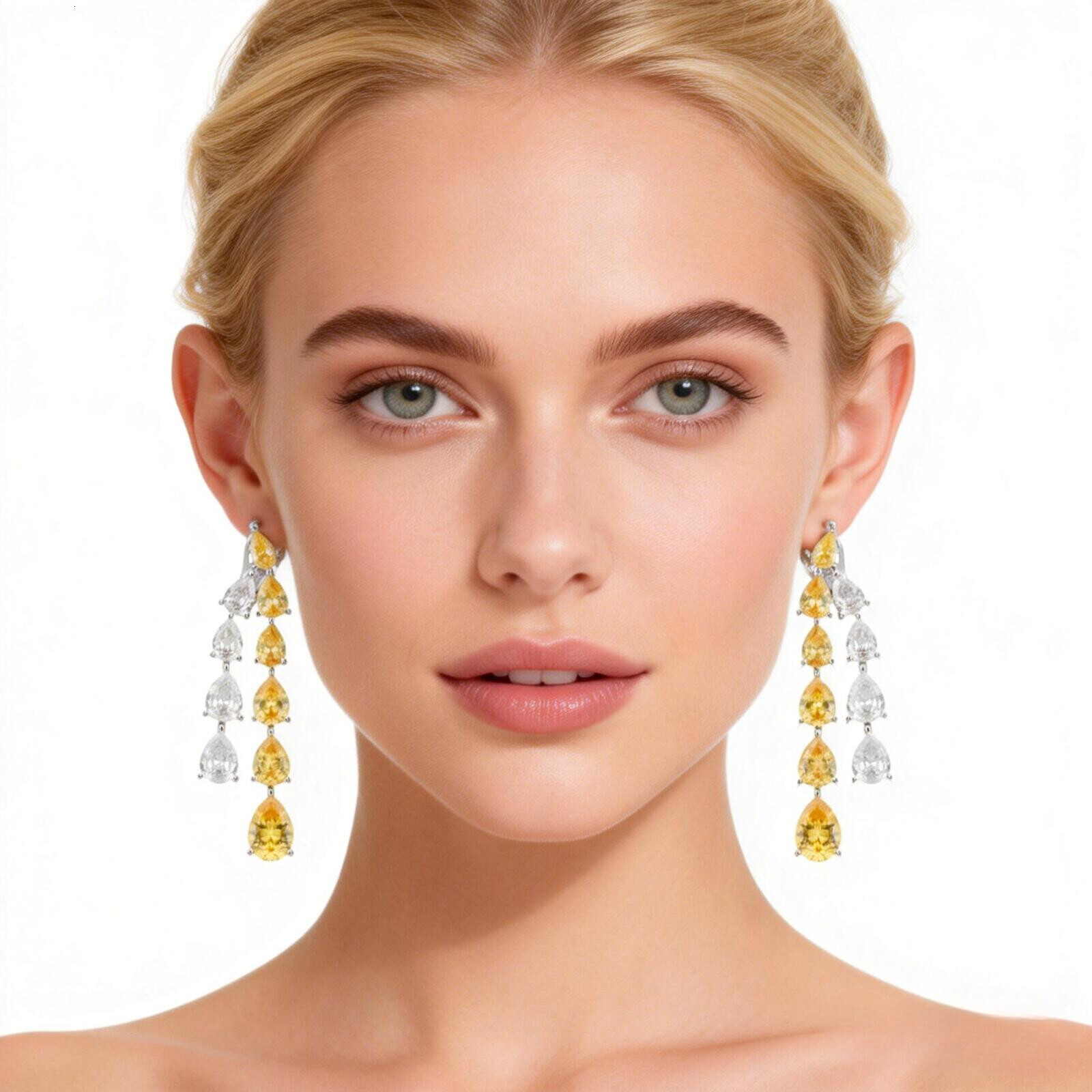 Earrings New Double-Chain Pear-Shaped Earrings, Gold-Plated With High-Carbon Diamonds Earrings, Luxurious Sophisticated Women's Evening Earrings