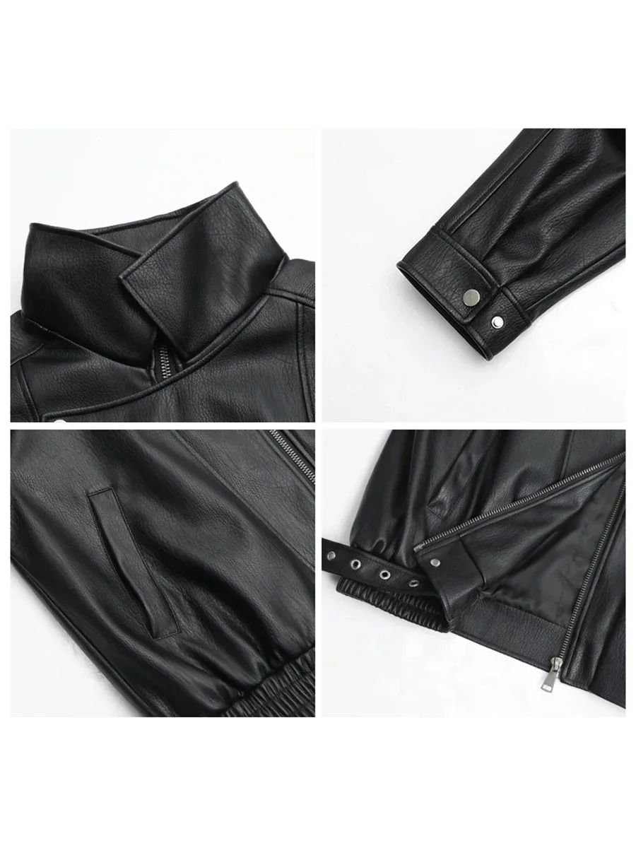 CHIC VEN Female PU Jacket Solid Loose Retro Standing Collar Motorcycle Faux Leather Coat Female Top Spring Autumn 2026 260120