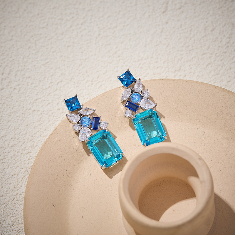 Earrings New Trade Blue Square With Gold-Plated Large Diamond Earrings, Style, Luxurious Texture Earrings, Women's Earrings