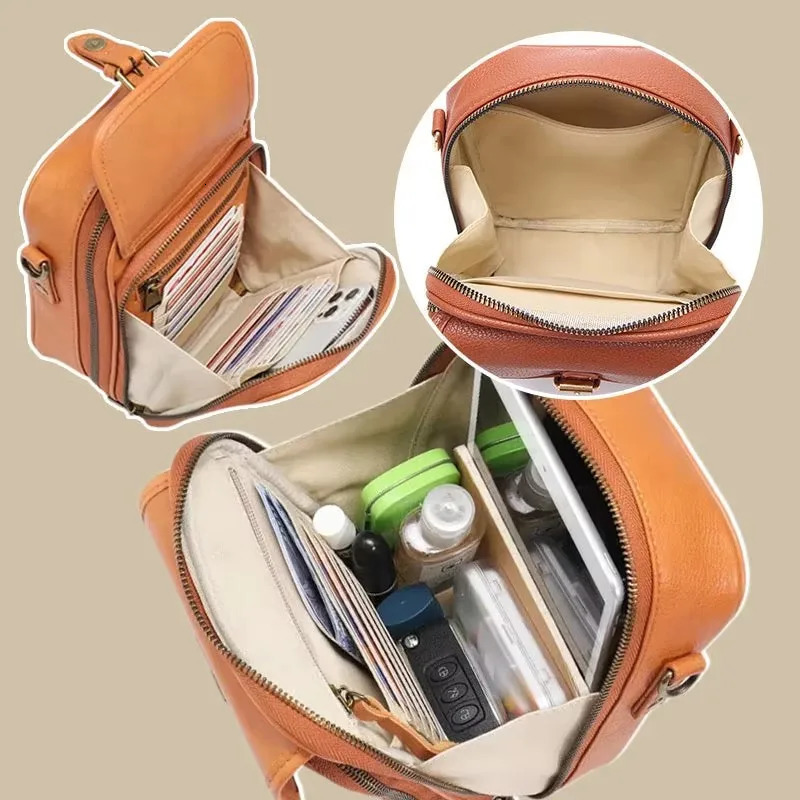 Vintage Crossbody Leather Bag Double Layer Large Capacity Messenger Retro Faux Built in Purse Anti Theft 260208