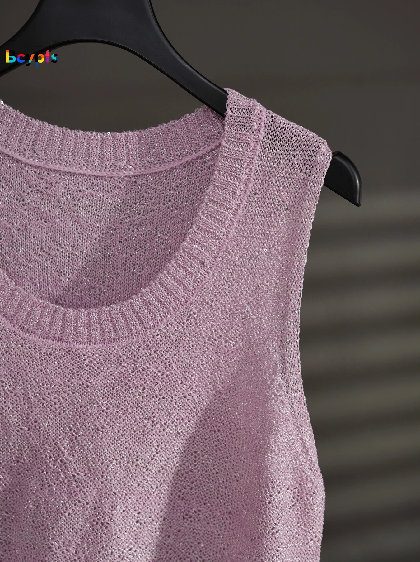 2026 Womens Soft Pink Knit Vest Wavy Hem Sleeveless Openwork Sequin Loose Top Versatile for Layering Casual Wear 260130
