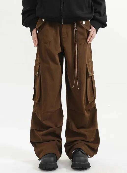 Retro Melange Brown Paratrooper Work Unisex Autumn Loose Straight-Leg Wide-Leg Casual Floor-Length Trousers