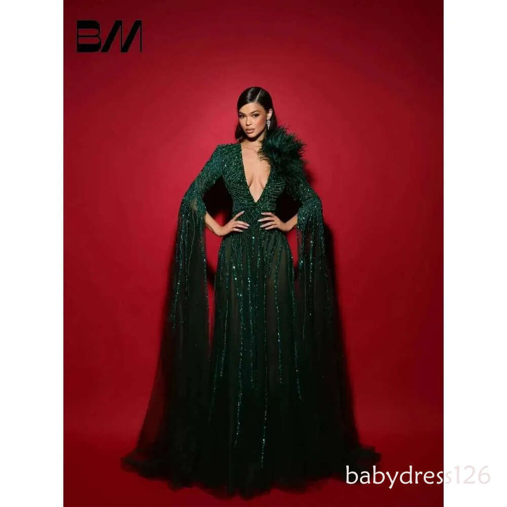 wool green glittering elegant evening dress fringed sequins feathers custom dance sexy neckline in v formal occasions wear