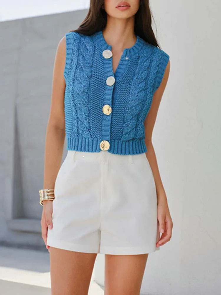 Womens blue twisted rope pattern woolen round neck cardigan vest with gold button n suitable for home and daily travel 260130